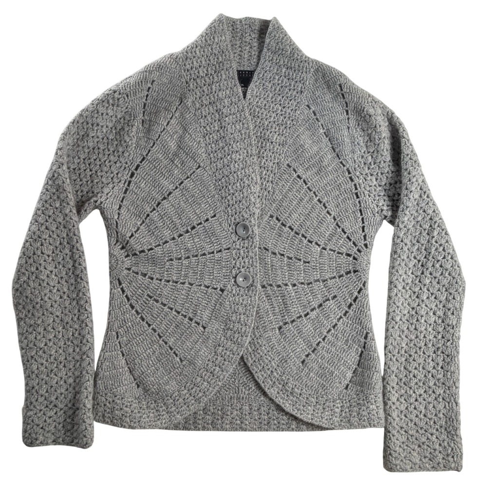 Carole Little XL Gray Lambswool Angora Sunburst Crochet Cardigan Sweater
